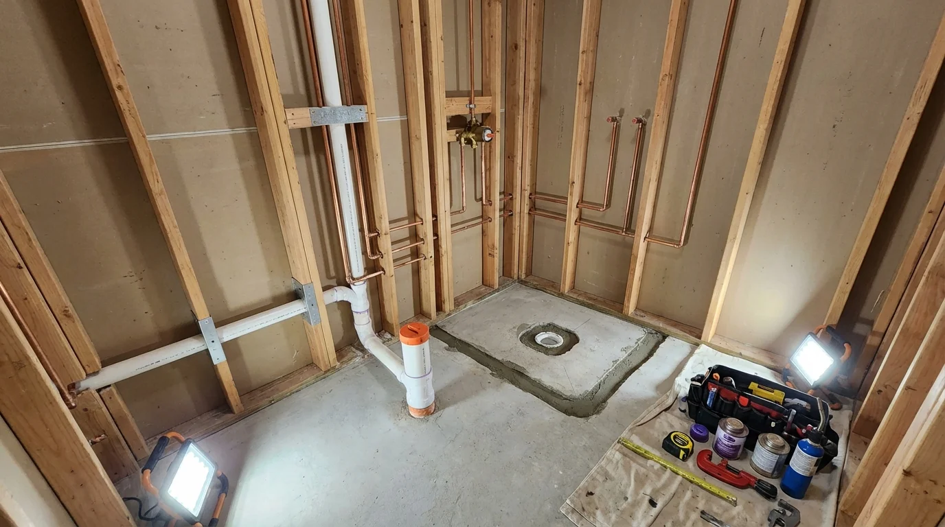 Bathroom rough-in plumbing during remodel by Johns Plumbing LLC in Swansboro