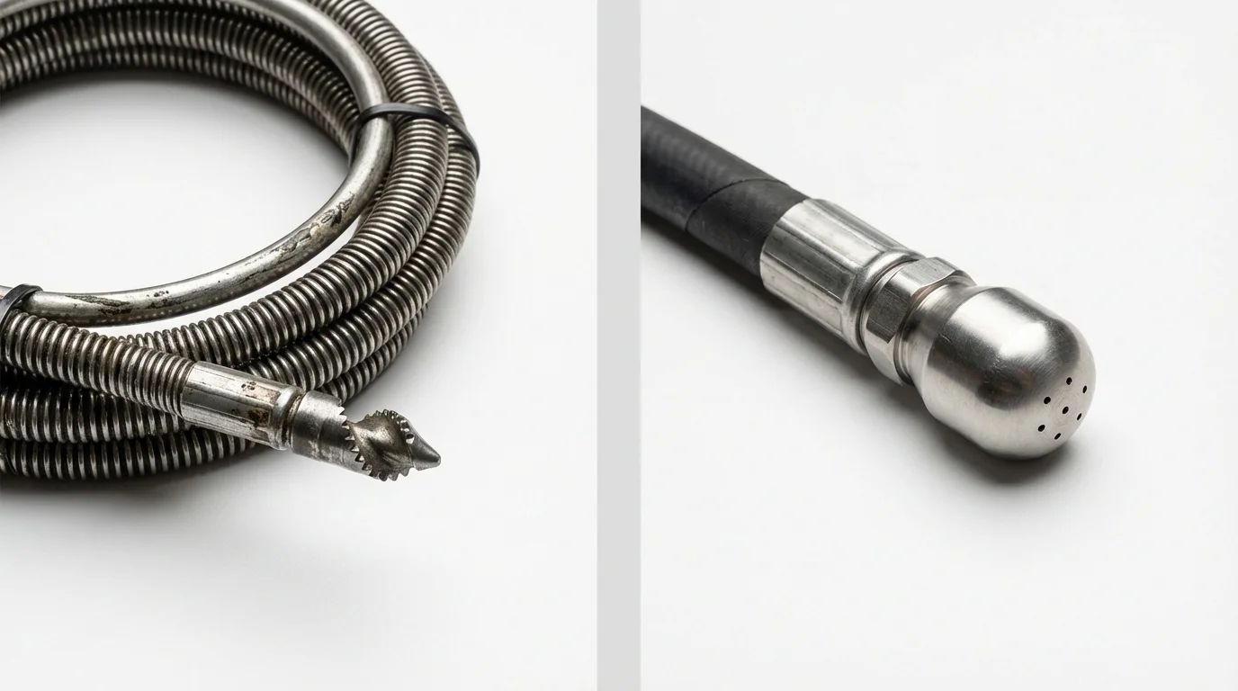 Drain snake cable and hydro jetting nozzle used for drain cleaning in Swansboro, NC