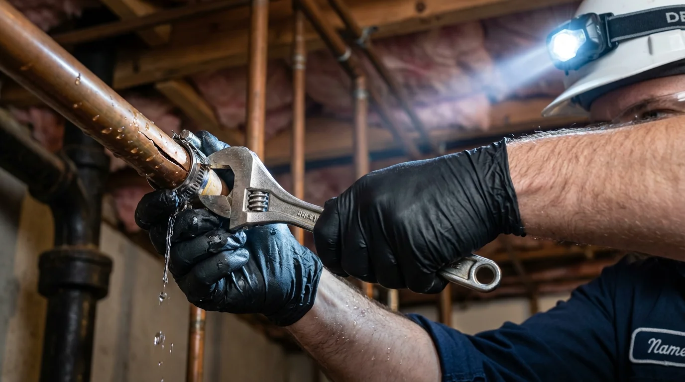 Emergency pipe clamp repair being performed by a Johns Plumbing LLC plumber in Swansboro