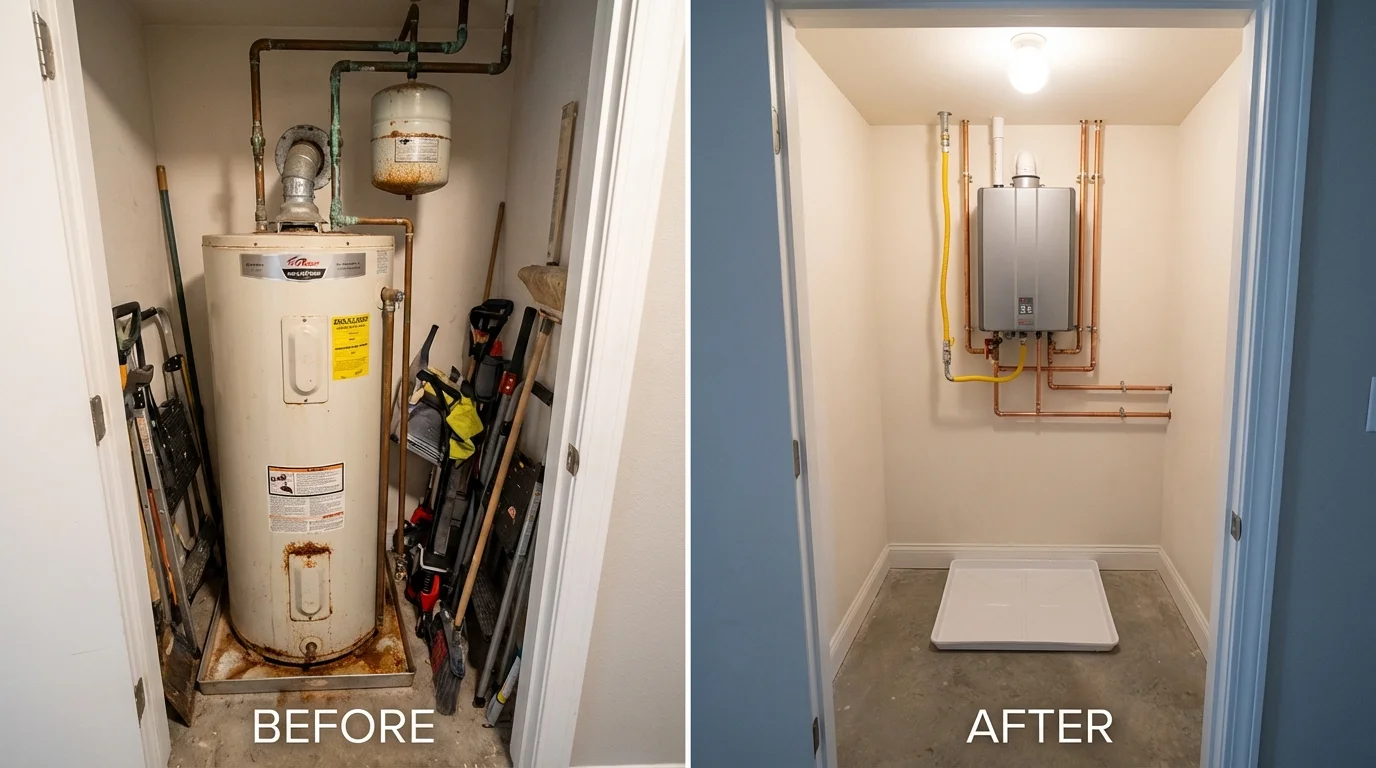 Tank water heater versus wall-mounted tankless unit comparison for Swansboro, NC homeowners