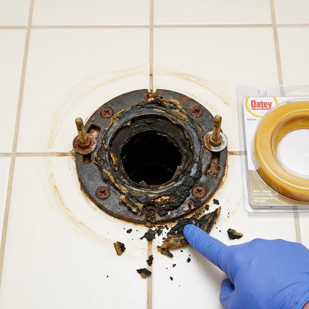 Failed wax ring showing water seepage at the base of a toilet in a Swansboro, NC home