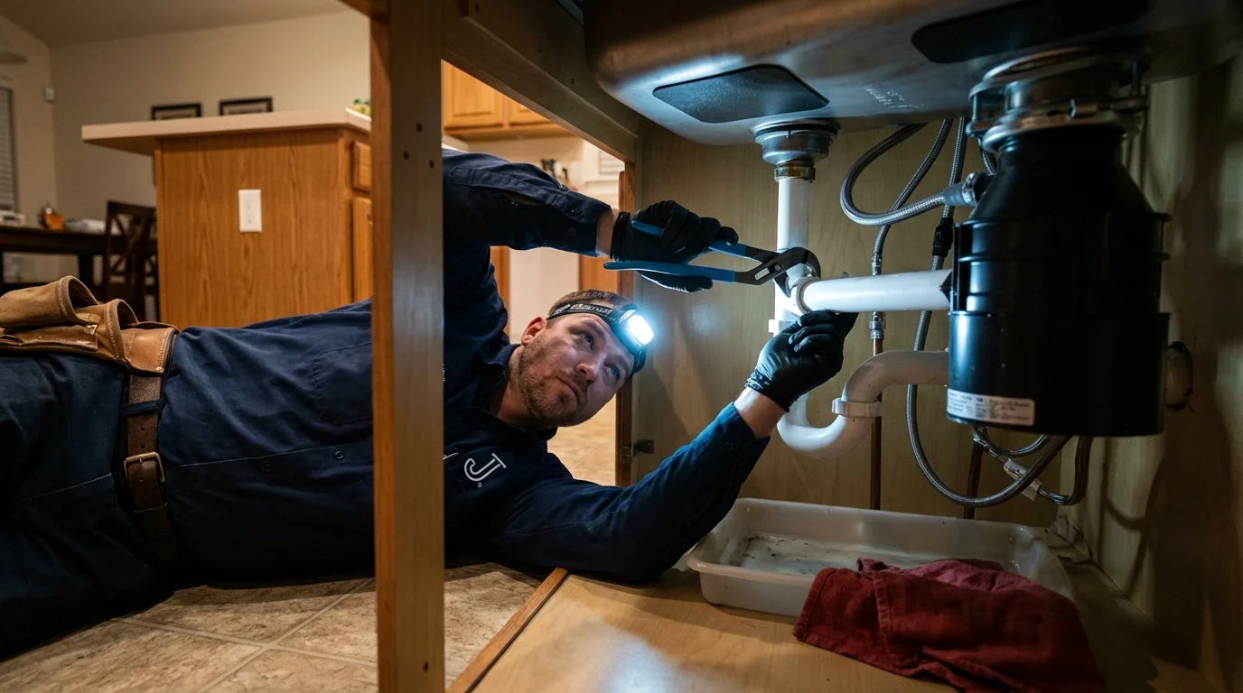 P-trap and supply line connections under a kitchen sink showing a common leak point in Swansboro, NC